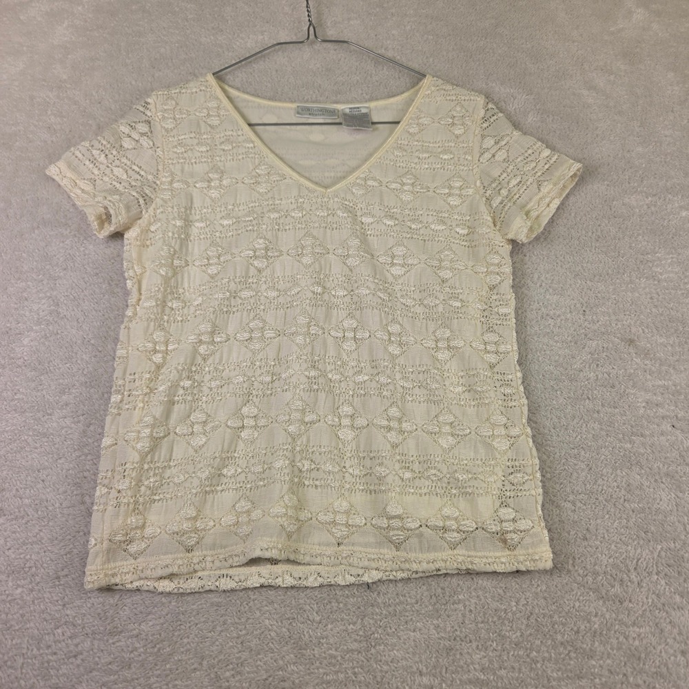 Worthington Stretch Ivory Lace V-Neck Short Sleeve Blouse Top Medium 4691